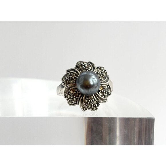 Art Deco Floral Marcasite Multi Gemstone Faux Tahitian Pearl Vintage Ring - sz 7 - Picture 3 of 10
